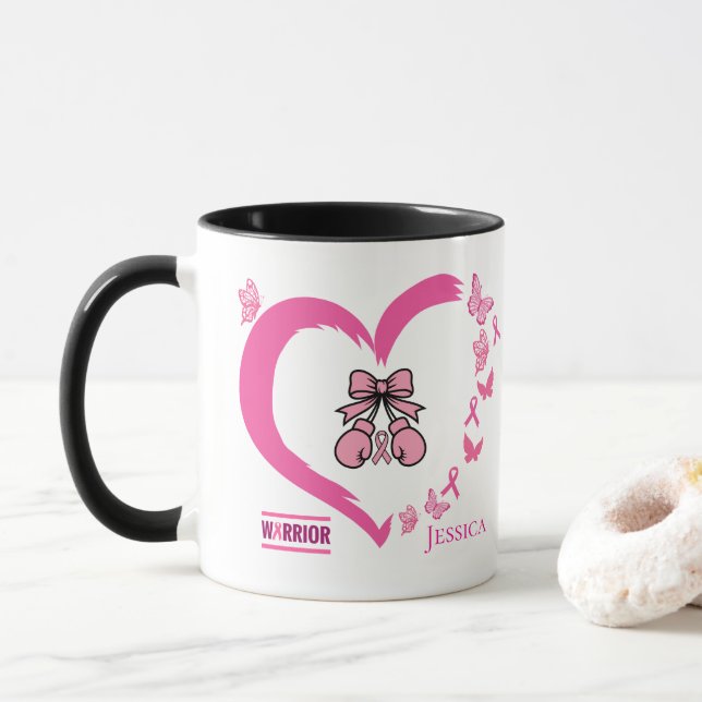 Caneca Nome Personalizável do Guerreiro do Cancer da Mama (Com Donut)