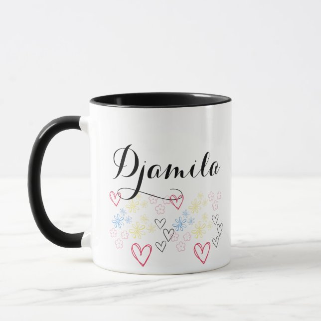 Caneca Nome Personalizável Ilustrado com Corações e Flore (Esquerda)