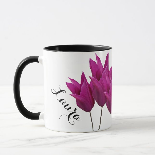 Caneca Nome personalizável Laura bonito rosa tulipas flor (Esquerda)