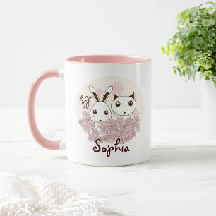 Caneca Nomes de crianças amigas de coelho e gatinho
