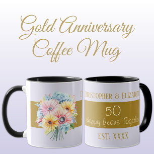 Caneca nomes de flores roxas do 50º aniversário de ouro