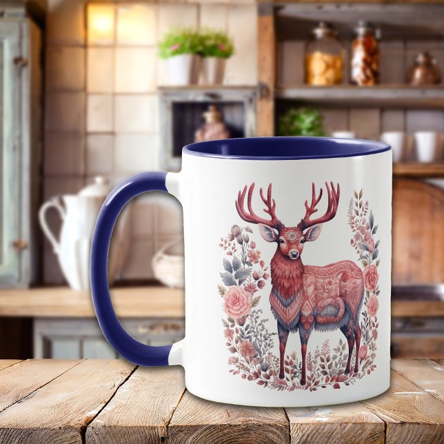 Caneca Nórdico Reindee de inverno Monograma Azul Rosa (Criador carregado)