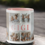 Caneca Nós Te Amo Um Gigi Foto Collage Mug<br><div class="desc">Aprecie sua amada avó com um presente querido que traz alegria a cada gole. Esta caneca de café única, embelezada com uma colagem de 6 fotos de seus pequenos favoritos, traz uma mensagem sincera, 'Nós te amamos Gigi' em uma adorável fonte rosa gradiente. Um toque personalizado com os nomes das...</div>