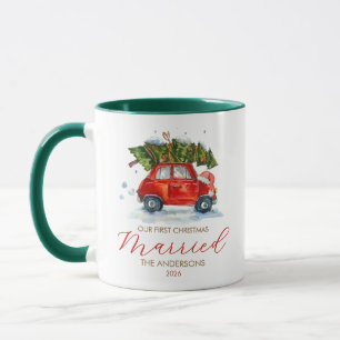 Caneca Nosso Primeiro Natal Aquarela Carro Vermelho & Árv