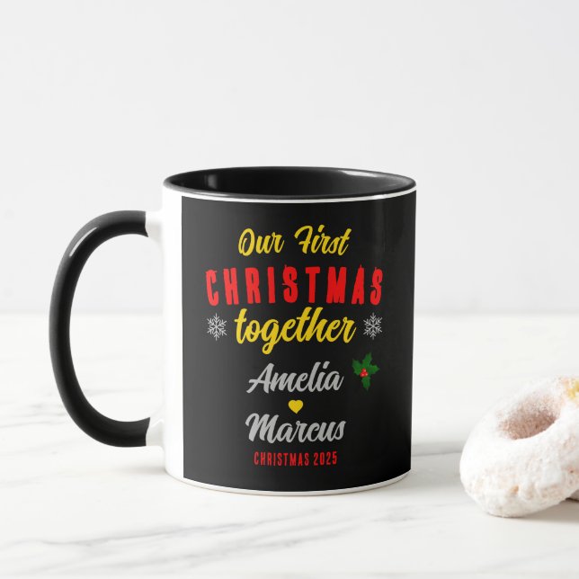 Caneca Nosso Primeiro Natal Junto com o Casal dos Flocos  (Com Donut)