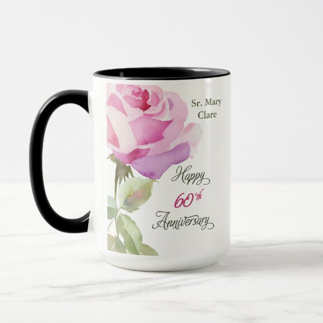 Caneca Nun 60th Anniversary Jubilee Custom Name Pink Rose (Esquerda)