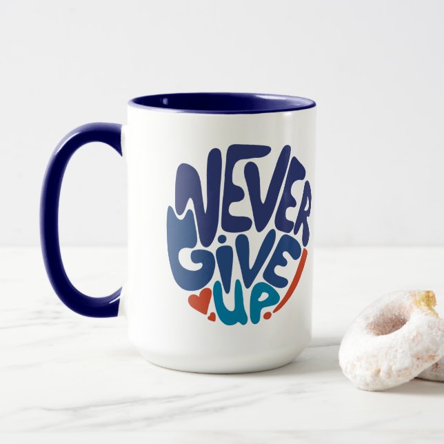 Caneca Nunca desistir - citação de Aniversário Azul e Ver (Com Donut)