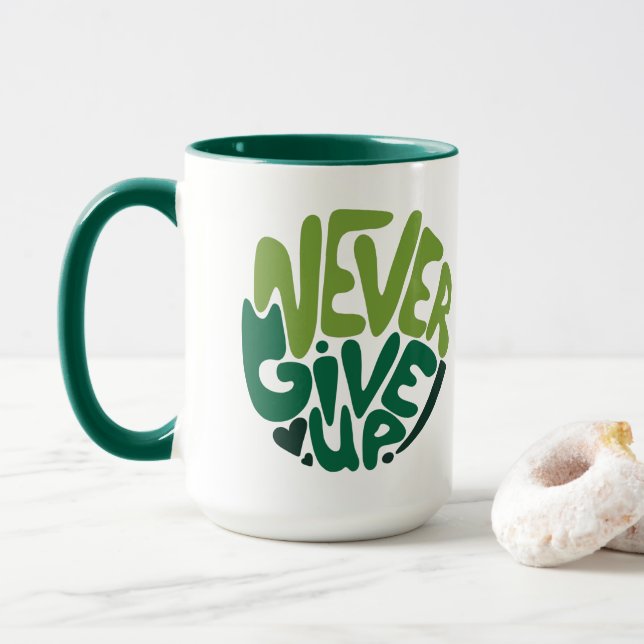 Caneca Nunca Desistir - Letra de Mão Positiva Verde (Com Donut)