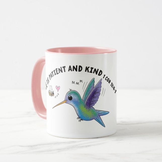Caneca O amor é paciente abelha fofa e beija-flor escritu (Frente Esquerda)
