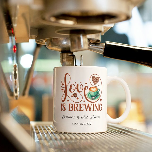 Caneca O Amor Está Fermentando Chuva de Presentes de Noiv (Love Is Brewing Bridal Shower Romantic Heart coffee Mug gifts ideas for bride to be brown greengery)