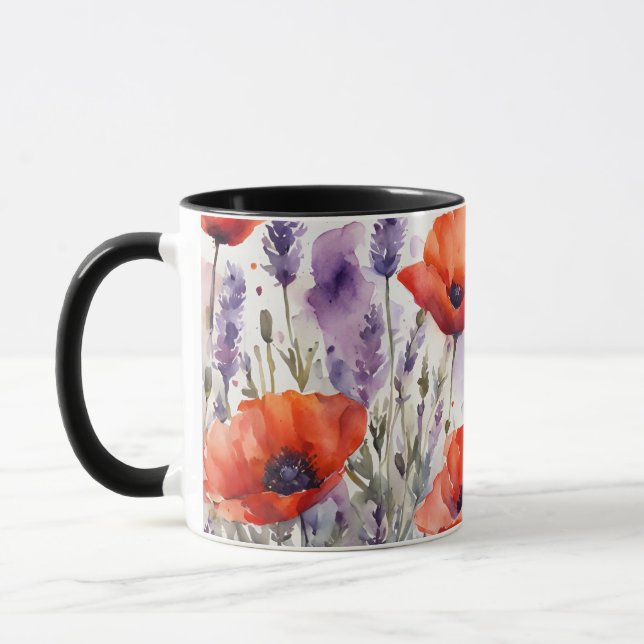Caneca O Charme da Natureza: Poppies e Lavandas na Água (Esquerda)