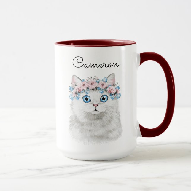 Caneca O gato floral branco doce | adiciona seu nome (Direita)