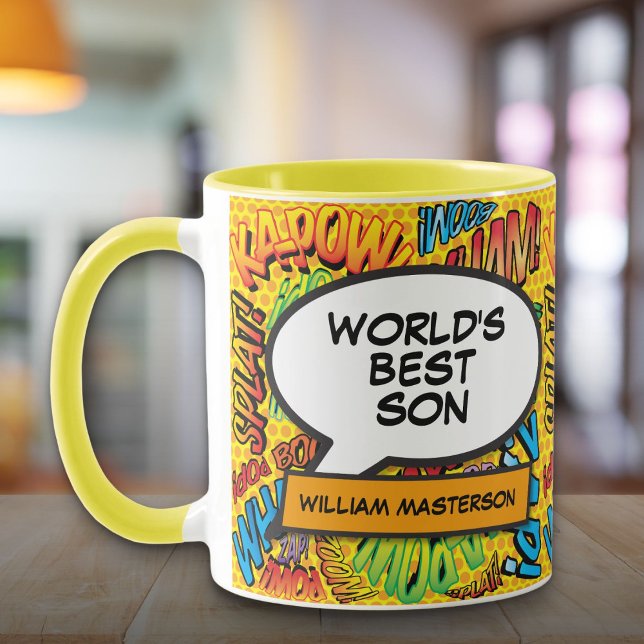 Caneca O melhor filho moderno Legal e divertido quadrinho (World's Best Son Modern Cool Fun Colorful Comic Mug)