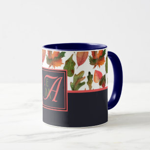 Caneca O outono Monograma Deixa o Decor Azul Laranja Fall