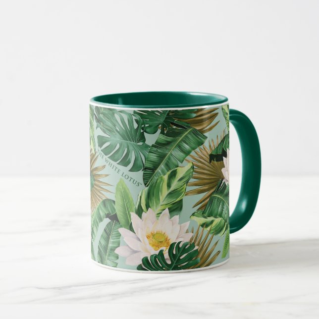 Caneca O padrão tropical de copia do Lotus branco (Frente Esquerda)