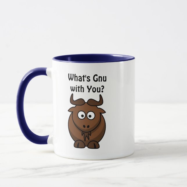 Caneca O que é Gnu, Engraçado Cartoon Buffalo Animal Pun (Esquerda)