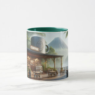 Caneca Oásis de Café na Selva com Vista Majestosa do Vulc