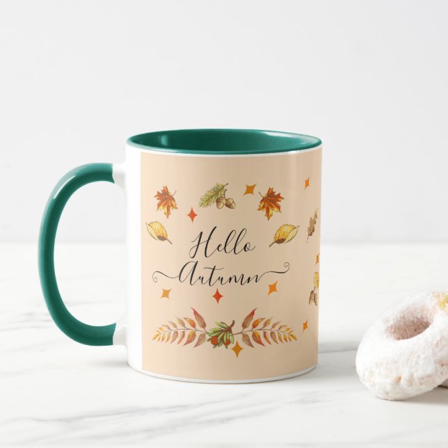 Caneca Olá, Autumn Fall Leaves e Pine (Com Donut)