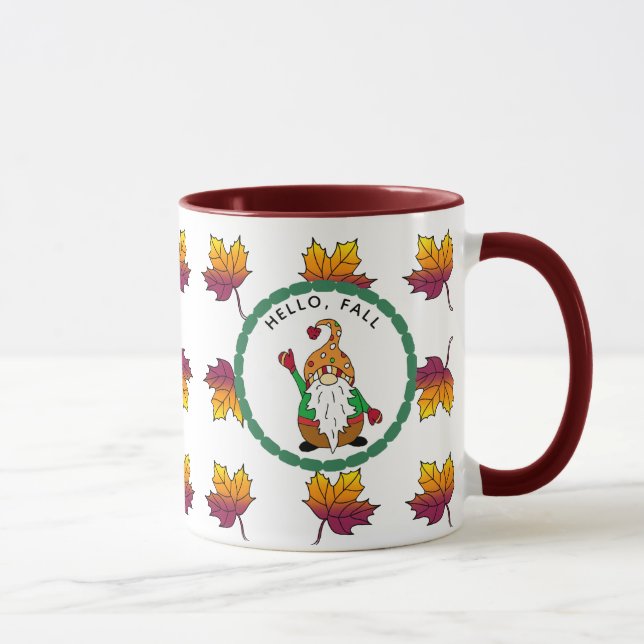 Caneca Olá Fall, Bonita Cartoon Autumn Gnomo (Direita)