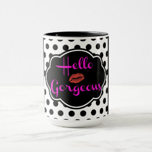 Caneca Olá linda Bolinhas branca, cor-de-rosa quente