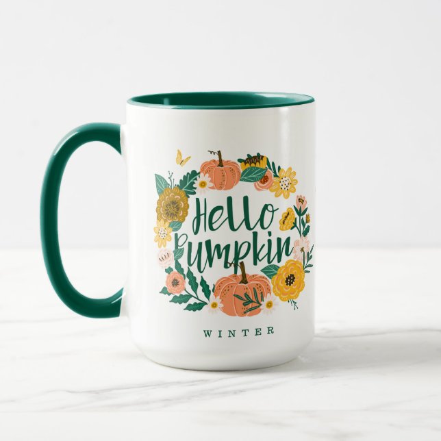 Caneca Olá Pumpkin Fall Wildflower Borboleta Wreath (Esquerda)