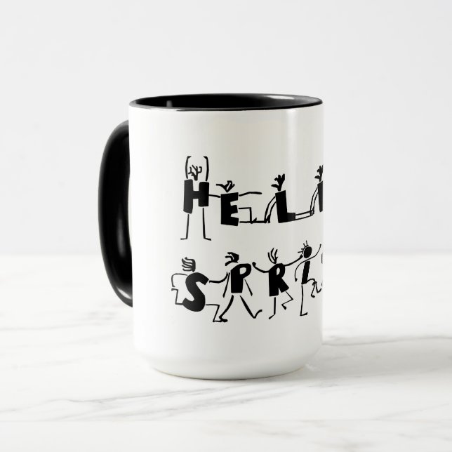 Caneca Olá, Texto de desenho em branco e Primavera, preto (Frente Esquerda)