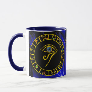 Caneca OLHOS DE HORO ASTRAL,Gráfico Zodiodítico Dourado T