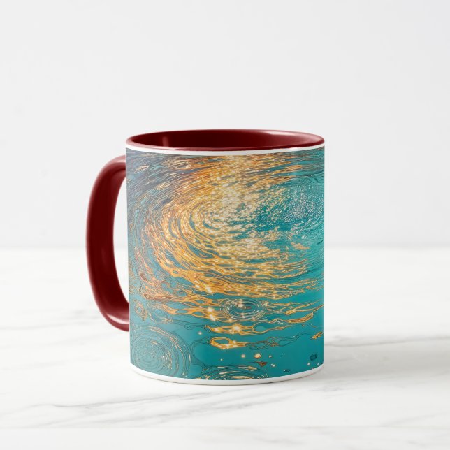 Caneca Ondas Abstratas de Água com Luz Solar Dourada (Frente Esquerda)