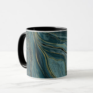 Caneca Ondas Abstratas de Aquarela Azul Teal Dourado