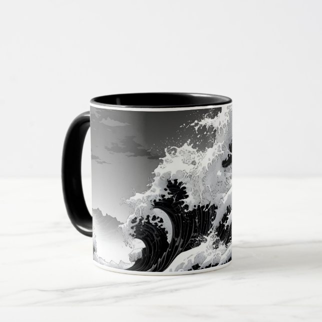 Caneca Ondas de tsunami em preto e branco (Frente Esquerda)