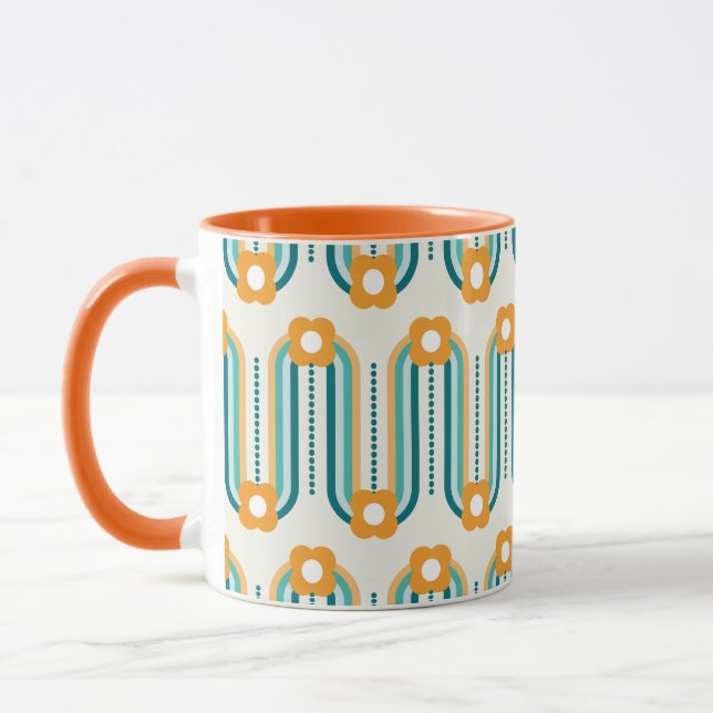 Caneca Ondas e Flores Retro, Azul Turquesa, Água, Laranja (Esquerda)