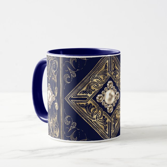 Caneca Opulsão do ornamentado | Farinha azul e Dourada (Frente Esquerda)
