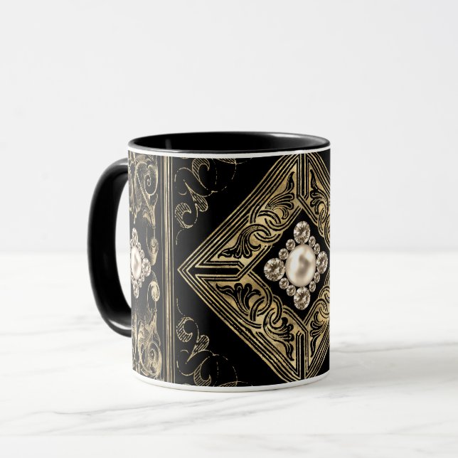 Caneca Opulsão do ornamentado | Flourado negro e Dourado (Frente Esquerda)