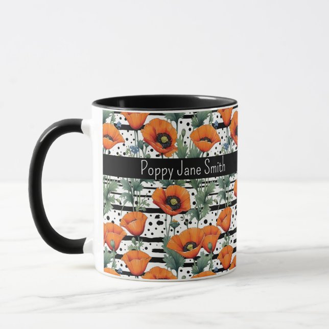 Caneca Orange California Poppies Black and White Stripes (Esquerda)