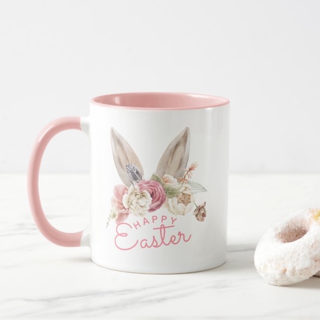 Caneca Orelhas de Coelho Florais | Feliz Páscoa  (Com Donut)