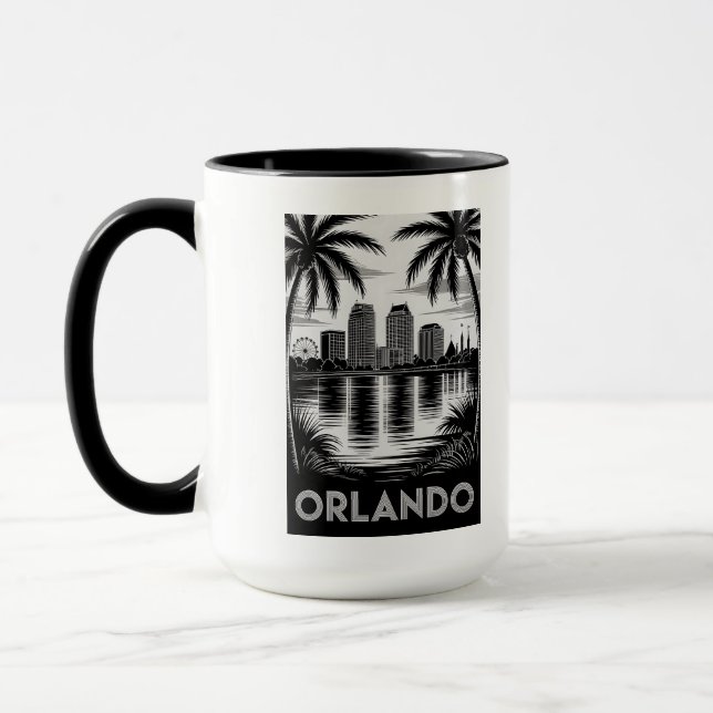 Caneca Orlando Skyline Black and White Woodcut Lake Eola (Esquerda)
