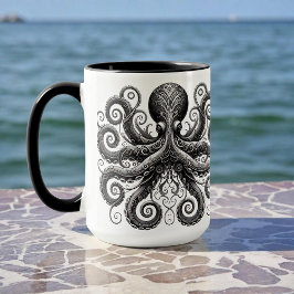 Caneca Ornamentado de Octopus Kraken Steampunk Black