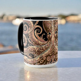 Caneca Ornamentado de polvo Kraken Steampunk Dourado e pr