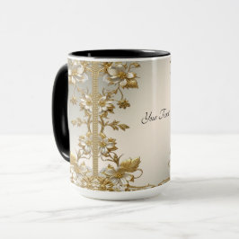 Caneca Ornamentado Dourado Branco Floral
