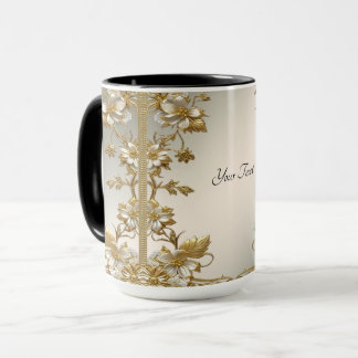 Caneca Ornamentado Dourado Branco Floral