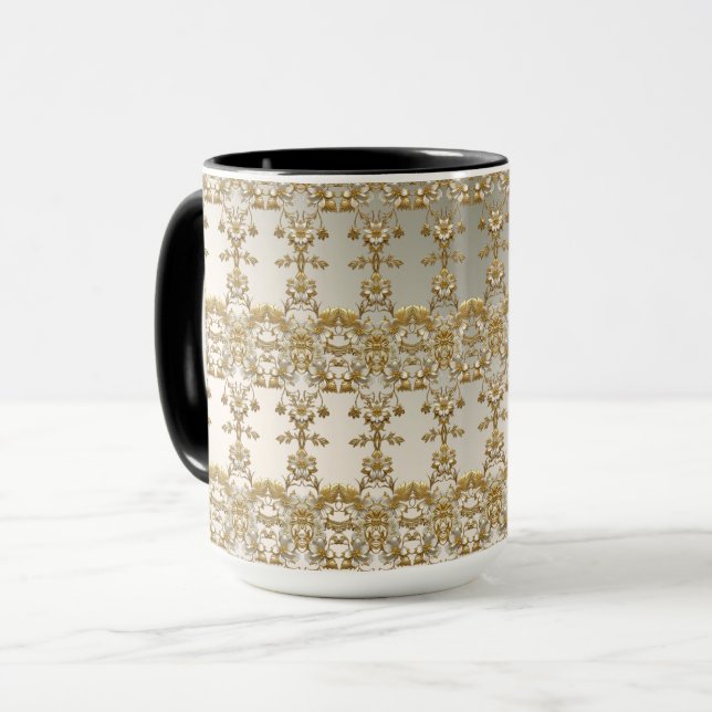 Caneca Ornamentado Dourado Branco Floral (Frente Esquerda)