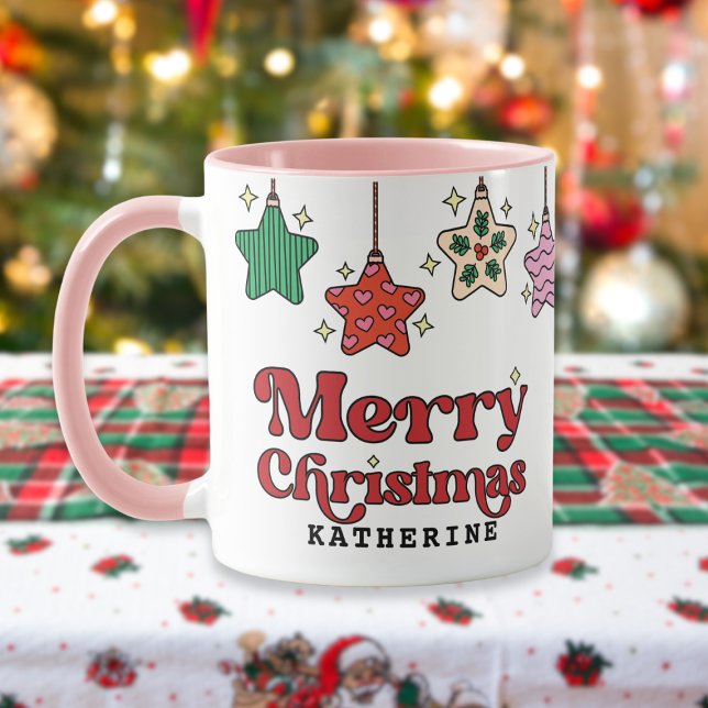 Caneca Ornamentos de Estrela Retro Feliz Natal Personaliz (cute custom retro merry christmas mug featuring star ornaments)