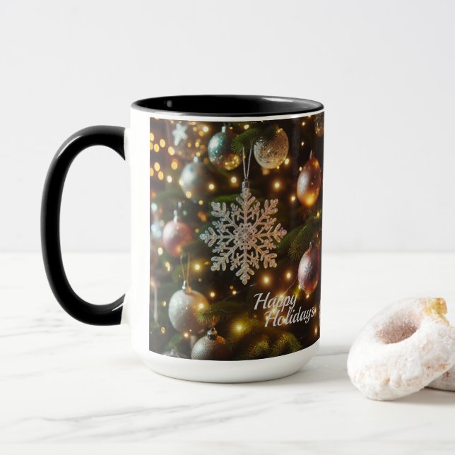 Caneca Ornamentos Flocos de Neve de Prata Natal Feriado (Com Donut)