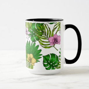 Caneca Orquídeas e folhas de palmeira, rosa, amarelo, ver