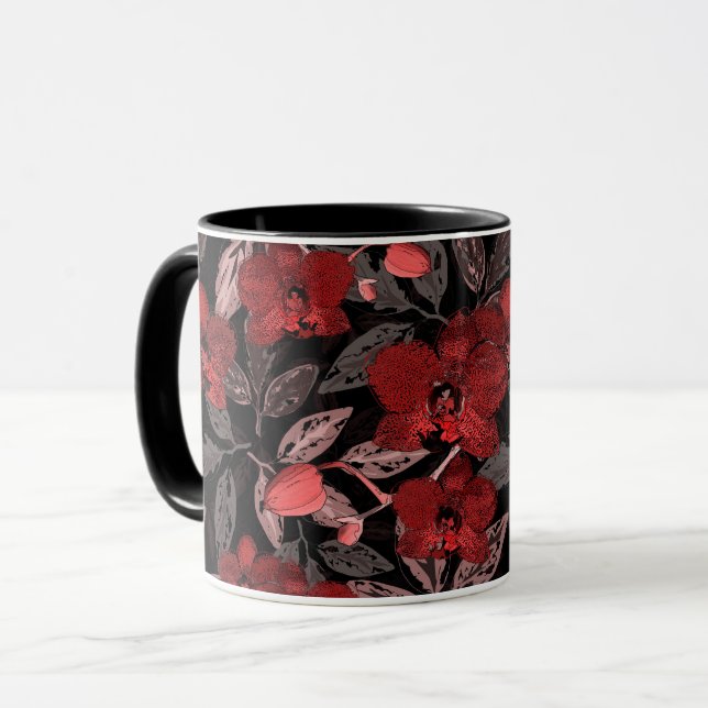 Caneca Orquídeas vermelhas em preto. (Frente Esquerda)