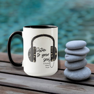 Caneca Ouça sua alma, preto e branco, café