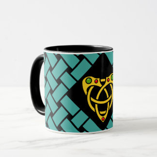 Caneca Ouro/aqua/bandas pretas/weave, nó celta do coração