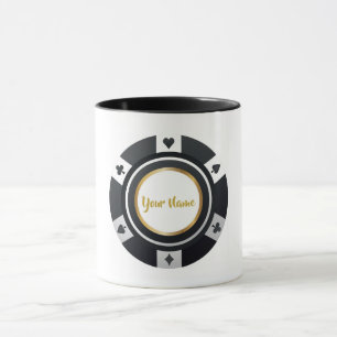 Caneca Ouro branco preto com chip de pôquer personalizá