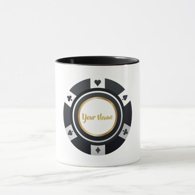Caneca Ouro branco preto com chip de pôquer personalizáve (Centro)