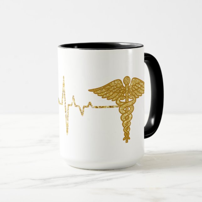 Caneca Ouro Cardíaco com Caduceus - Símbolo Mug (Frente Esquerda)